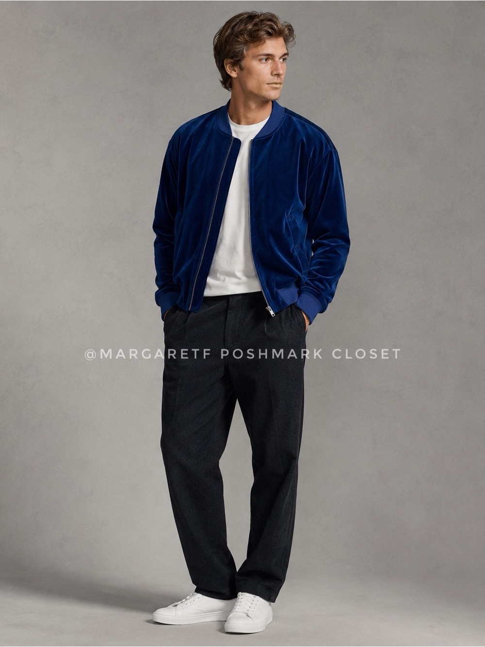 Navy Blue velvet bomber jacket - Picture 1 of 8